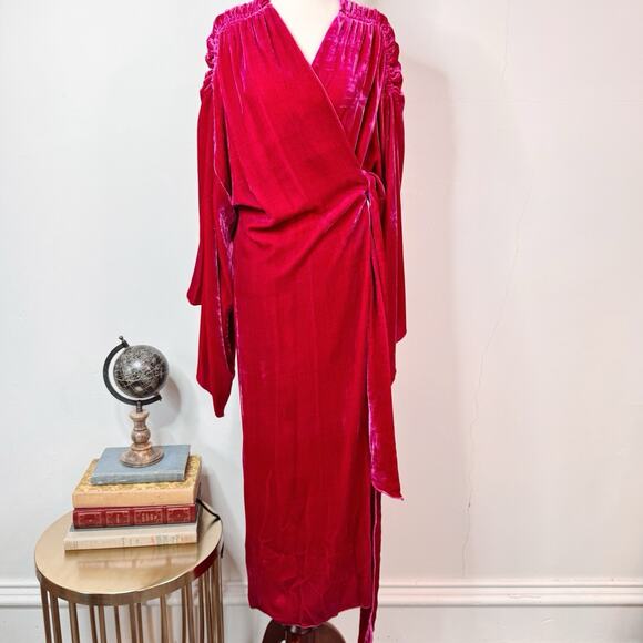 NWT Maria Lucia Hohan Midi Dress Olina Velvet Wrap Pink Fuschia Goddess Size 4 - Picture 1 of 14